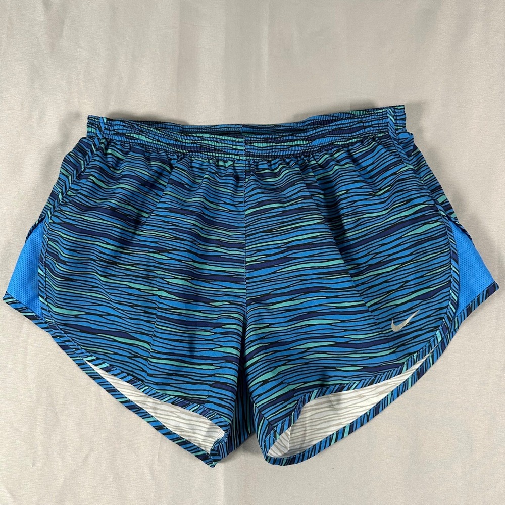 Nike Dri-FIT Womens Size Medium Running Shorts Blue Teal Abstract Pattern Zipper